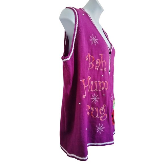 Bah Hum Bug Size 2X Knit Sweater Vest Ugly Christmas Embroidered Snowflakes - Picture 3 of 12